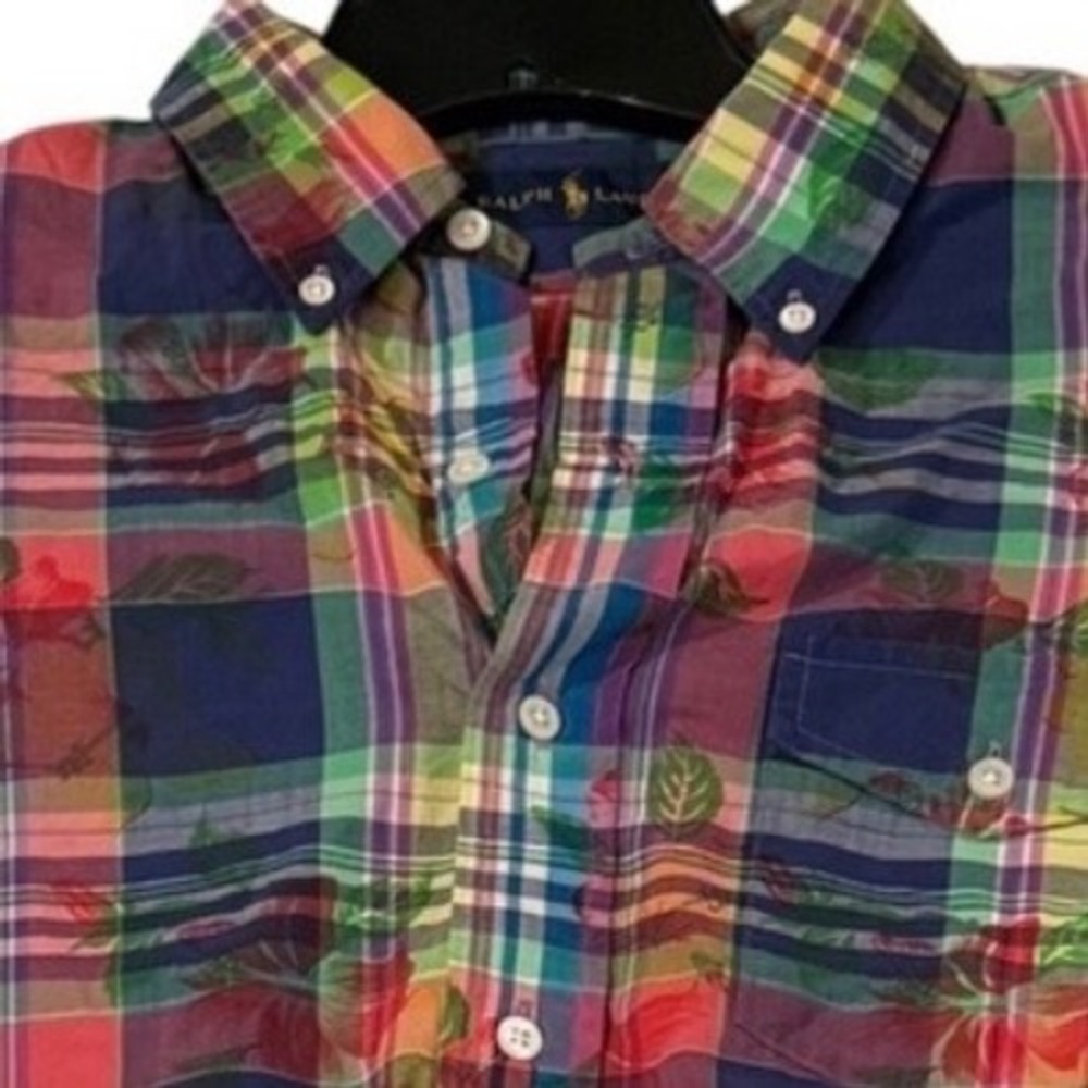 Ralph Lauren Plaid Floral Hibiscus Mens‎ M Preppy Tropical Coastal Button Down